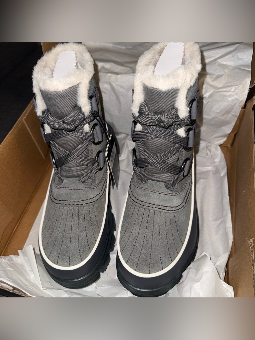 Sorel Women's Gray Lace-Up Winter Boots with Faux Fur Collar size 6.5